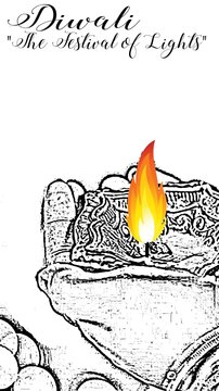 Diwali, or Deepavali in Sanskrit. A festival celebrating the light of traditional oil lamps. Black-and-white image on a white background