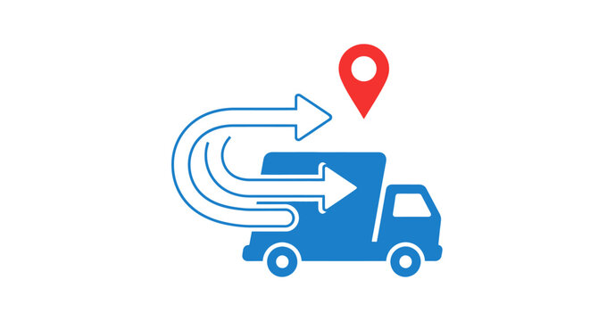 A blue delivery truck icon with a red location pin and directional arrows