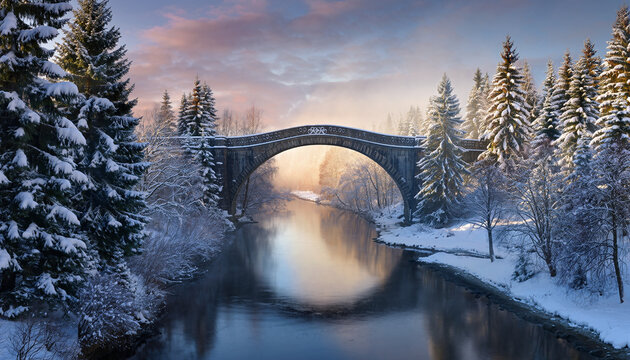 Winter Snow Covered Bridge Over a Serene River.