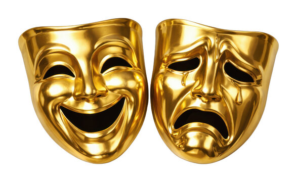 PNG Golden theatrical masks expressing emotions.