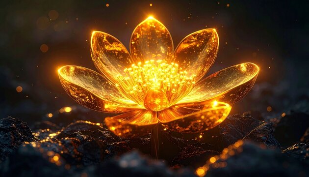 Glowing golden lotus flower blooming in dark ground with magical sparkles