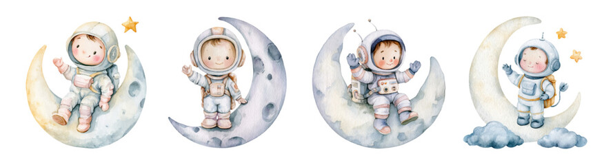 Baby astronauts dreaming of space adventure. Depicted in watercolor style. Wearing white suits with helmets and backpacks © Mari