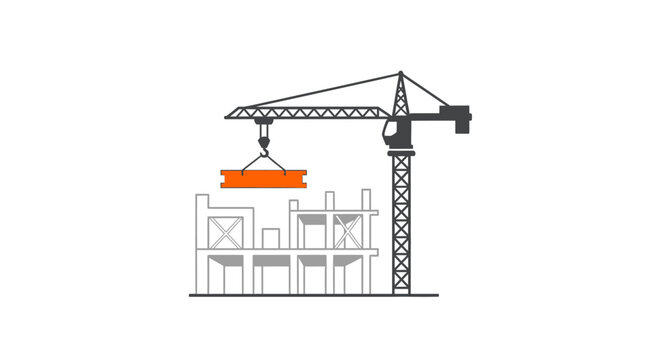 A construction crane lifting a heavy beam over a building frame structure