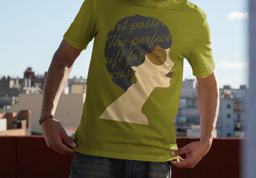 Mockup of White Tee on Rooftop