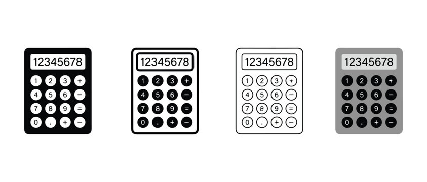 calculator icons in black white and gray colors for business and education use  various calculator designs for math and finance