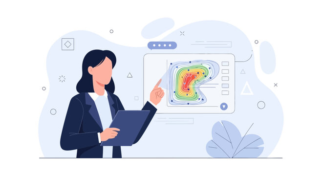 Woman analyzing data heatmap on digital display, business analysis and strategy concept, vector illustration