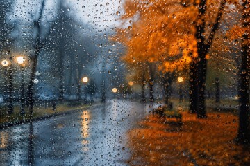 Fototapeta premium Rainy Window Looking Out on Autumn Park