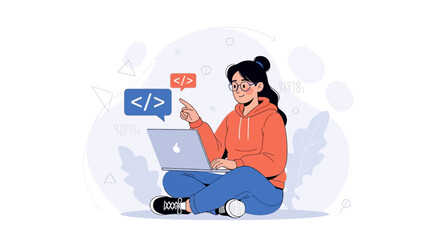 Obraz premium Young Woman Coding on Laptop, Female Programmer with Glasses and Orange Hoodie, Digital Technology Concept