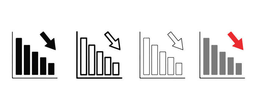 bar graph icons with arrows pointing down showing decrease in data on white background
