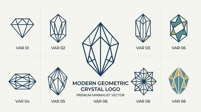 Modern Geometric Crystal Logos - Diamond, Gemstone, Abstract Shapes, Vector Art