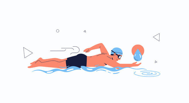 Athletic man swimming freestyle stroke in stylized water, conceptual illustration with water drop and geometric shapes.