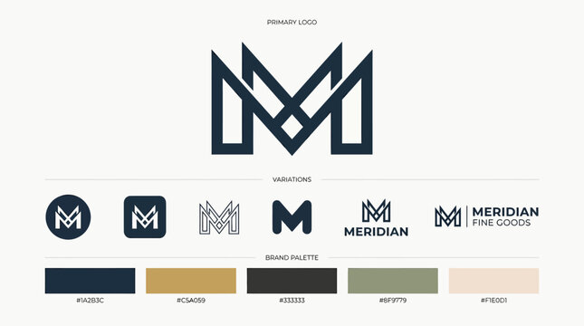 Modern M monogram logo design with color palette and branding variations