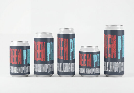 Mockup of A set of five blank cans in different sizes