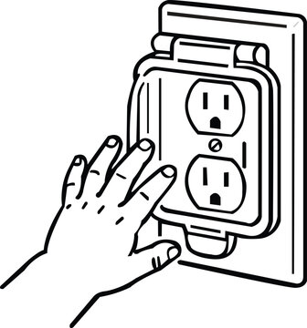 Modern line art illustration of a baby proof electrical outlet with safety cover and small child hand reaching safely