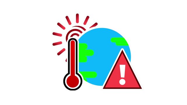 Flat icon animation of a heating globe next to a thermometer and a red warning triangle icon isolated on a white background.