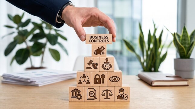 Business controls concept with wooden blocks, corporate management strategy pyramid, hand building risk assessment structure on office desk