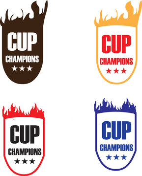 Set of four colorful cup champions shield emblems with fire flames