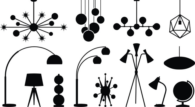 Mid-Century Modern Lighting Silhouettes Vector including Sputnik Chandelier Arc Floor Lamp and Icons