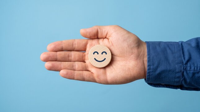 Smiling face icon on wooden circle held in hand, customer satisfaction and positive feedback concept, happy emotion symbol on blue background