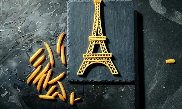 Golden Eiffel Tower-shaped cookie on a black slate with scattered stick cookies on a textured dark background, flat lay travel-themed dessert scene
