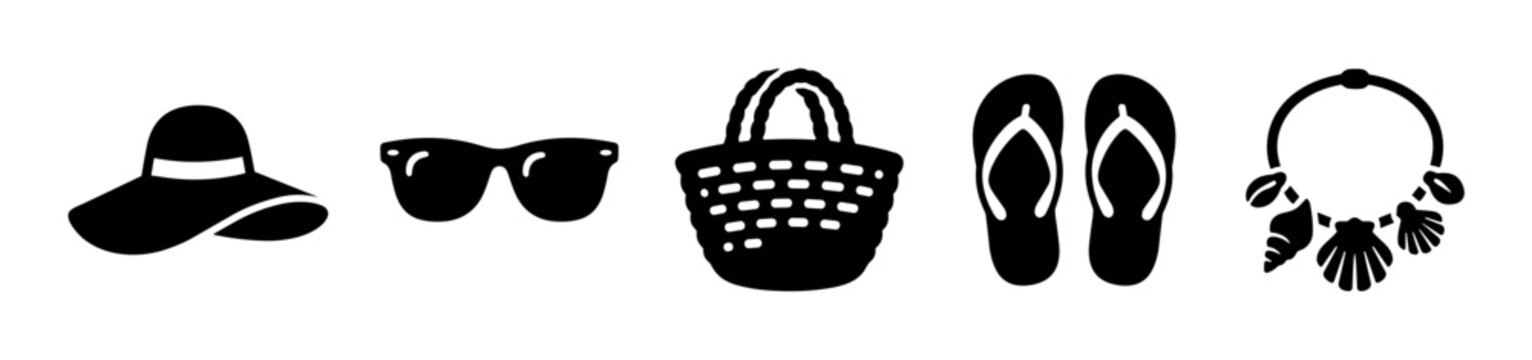 Summer vacation icons set. Beach holiday and travel concept. Includes sun hat, sunglasses, beach bag, flip flops, seashell necklace. Solid black silhouette style