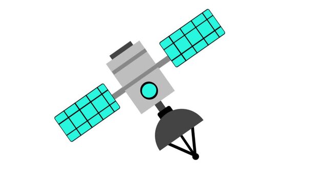 Floating space satellite graphic with solar panels, animated in a flat vector design layout with white and chroma key green screen options.