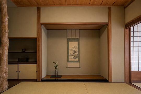床の間の落し掛け、格式を示す伝統的な横木の納まり / Otoshigake lintel beam of a Japanese tokonoma alcove, a traditional structural marker of formality