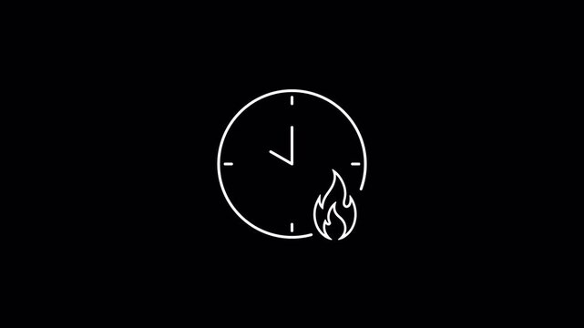 White Line Clock with Flame Icon Loop Representing Deadline Urgency Concept on Alpha Channel Transparent Background