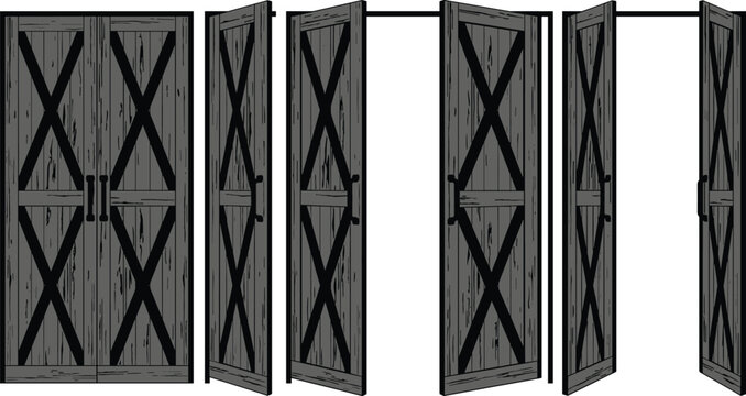 Rustic Wood Barn Double Door Opening Sequence Vector Silhouette for Architectural Design