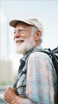 Smiling elderly man with gray beard and glasses wearing a plaid shirt carrying a black backpack.
