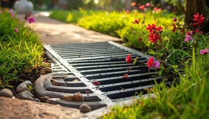 A close-up view of a metal storm drain grate surrounded by vibrant pink flowers and lush greenery on a sunny day