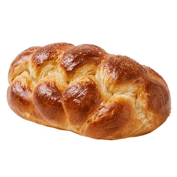 Shiny golden brown braided baked challah bread loaf. Isolated white background. Png format
