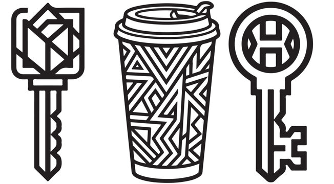 Black and white vector illustration of geometric keys and a coffee cup with abstract patterns