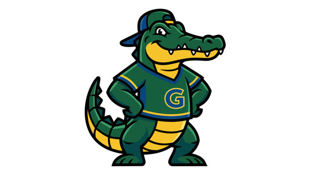 Alligator sports mascot wearing dark jersey and backward cap