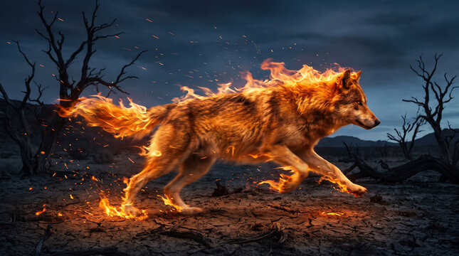 Running wolf leaving flames in dark barren landscape with burning fur and intense motion