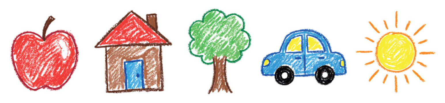 Children's drawing icons set. Childhood and simple objects concept. Includes red apple, brown house, green tree, blue car, yellow sun. Hand-drawn crayon style