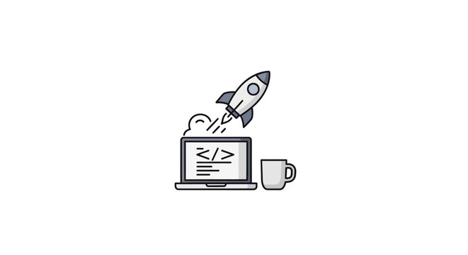 A rocket ship launching from a laptop screen representing software development success
