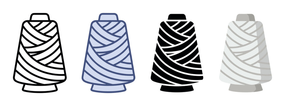 Thread spool icons set. Sewing and crafting concept. Includes thread spool, yarn bobbin, reel of thread, sewing supply. Flat, line, and solid styles