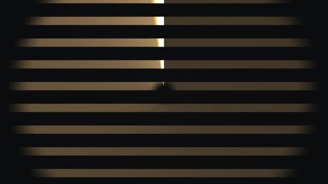 Light rays shine through window blinds during evening hours