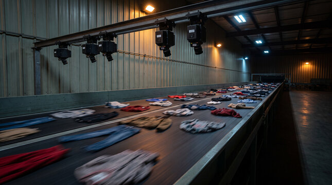 Textile sorting conveyor belt, NIR sensors overhead, recycling facility  