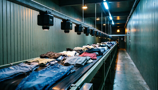 Textile sorting conveyor belt, NIR sensors overhead, recycling facility  