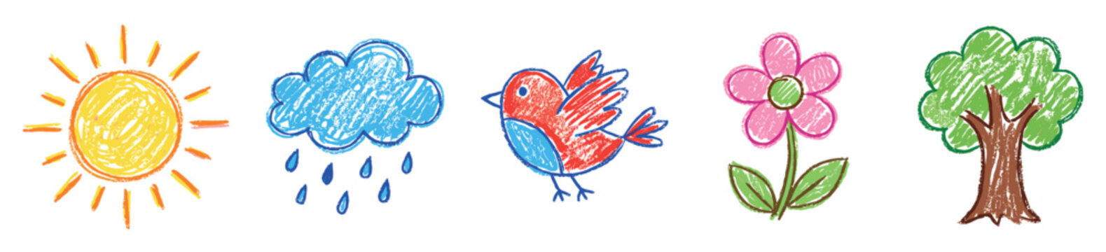 Nature element icons set. Childlike drawing concept. Includes sun, rain cloud, bird, flower, tree. Crayon drawing style