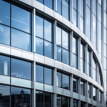 A close-up view of a modern building's exterior with a curved facade composed of numerous rectangular windows reflecting a blue sky