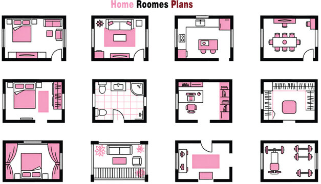 Modern Home Interior Floor Plan Room Layout Icon Set with Bedroom Living Room Kitchen Bathroom Office Dining Fitness Pastel Style Outline Vector