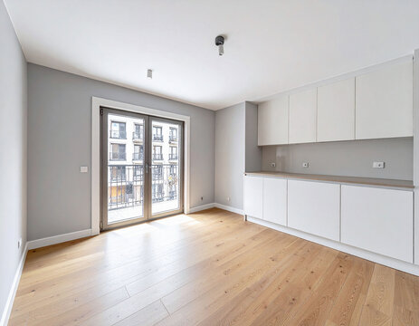 Modern, empty apartment interior featuring white kitchen cabinets, warm wooden floors, and a bright balcony door. This minimalist, sunlit space evokes a fresh start. Nobody.