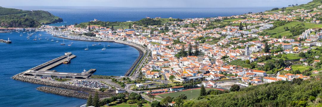 Azores islands Horta town panoramic view with marina and landscape on Faial island on Azores, Portugal
