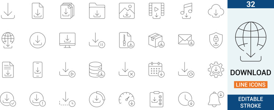 Download vector line icon set. Featuring cloud data storage, file save install process and internet web apps document archive.