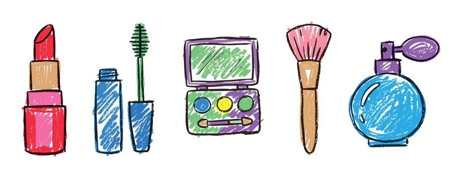 Beauty product icons set. Makeup and cosmetics concept. Includes lipstick, mascara, eyeshadow palette, makeup brush, perfume bottle. Hand-drawn doodle style