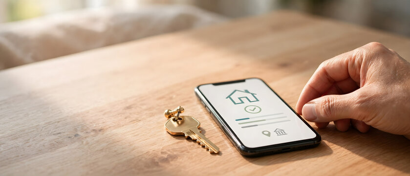 House key beside smartphone showing digital property approval and home ownership concept
