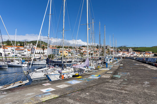 Marina with sailing boats in Horta town on Azores islands on Faial island, Portugal